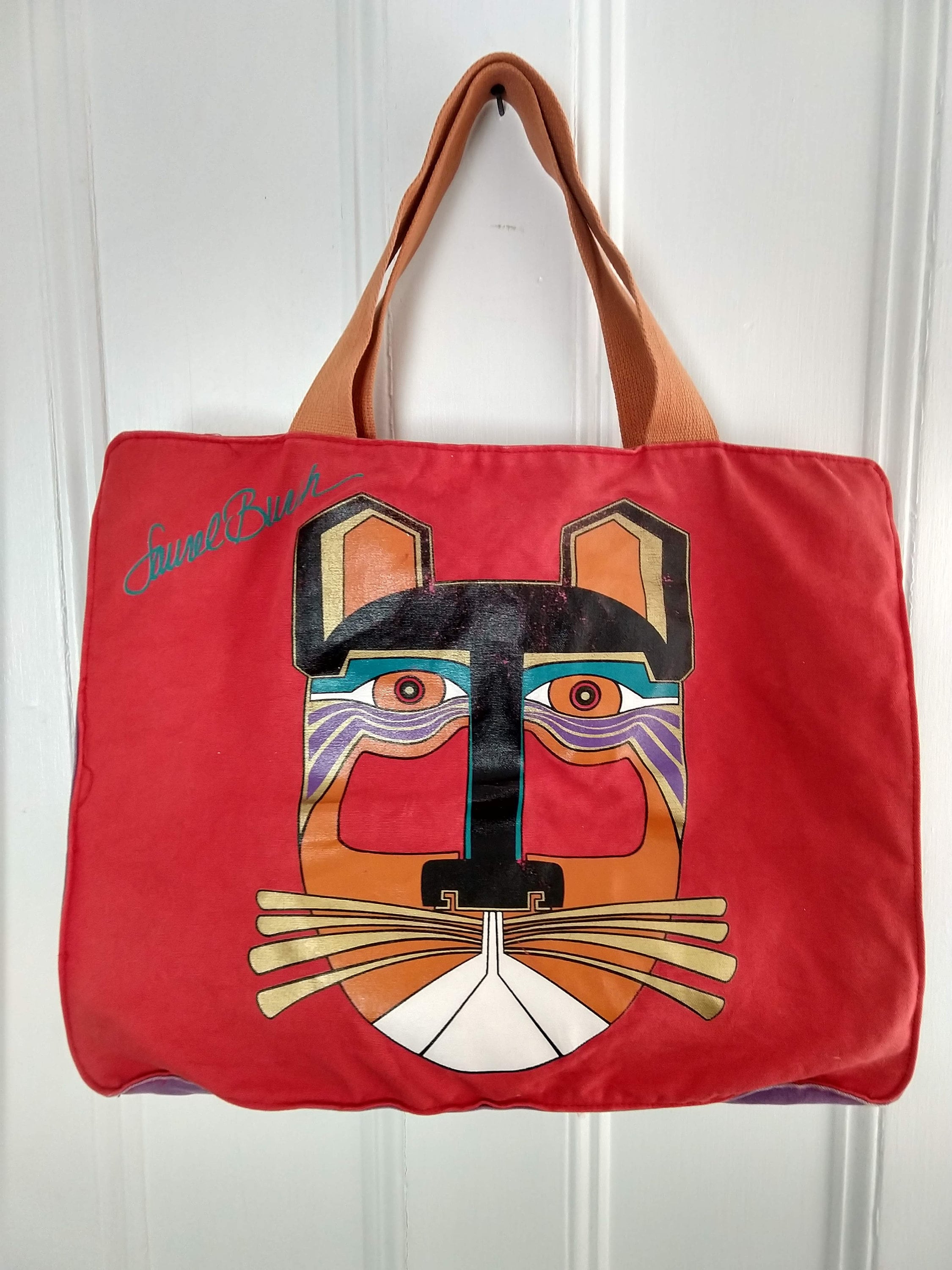 LAUREL BURCH cats dogs vintage Y2K tote bag purse beads turquoise red wood  tag
