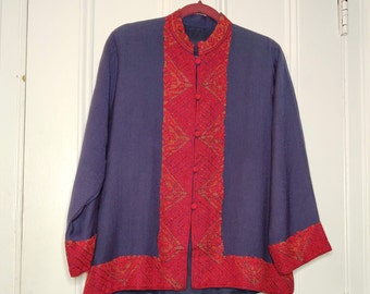 Navy Blue and Berry Red Swing Jacket with Paisley Embroidery