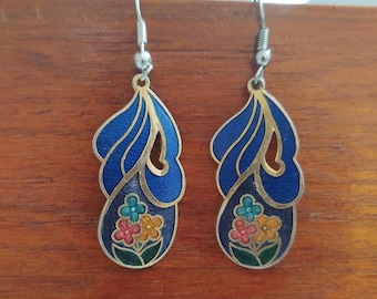 Tiny Blooms with Blowing Breeze Blue Cloisonne Dangle & Drop Earrings