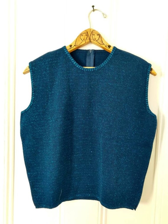 Blue Metallic Sparkle Knit Sweater Vest Sleeveless