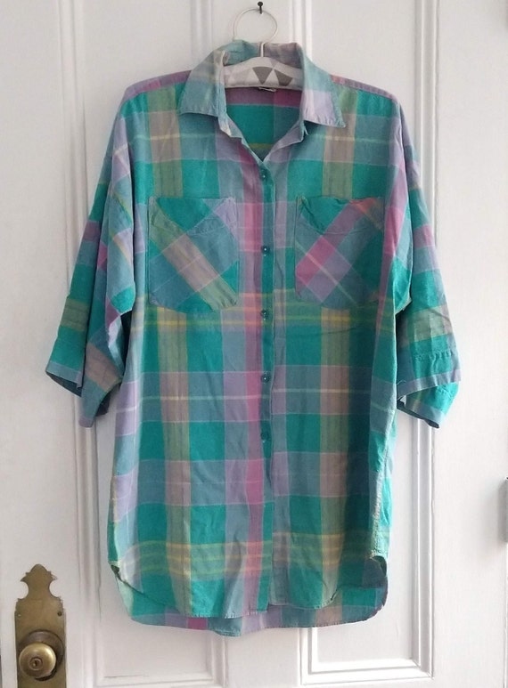 1990s Vintage Short Sleeve pastel plaid Shirt Siz… - image 2