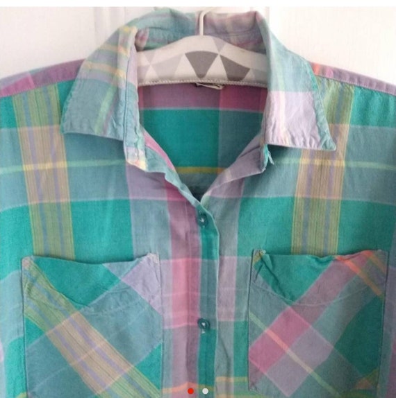 1990s Vintage Short Sleeve pastel plaid Shirt Siz… - image 1