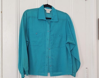 Light Weight Flowy and Sheer Summer Shirt Teal Top Bust 42 Vintage Size 14 by Ship n Shore