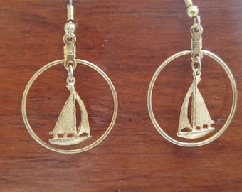 Sailboat Earrings Gold tone, Nautical Earrings. Two Inch Dangle