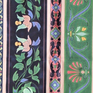 May include: Close-up of a fabric with a repeating floral pattern. The design features vertical stripes in navy, pink, and green, adorned with stylized flowers and foliage in shades of pink, blue, and green.