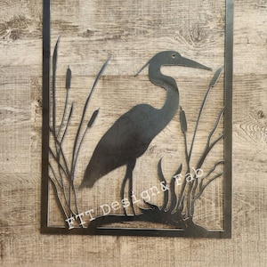 Heron and Cattails Rustic Square Decor 18" Egret rusty art Metal home garden wall hanging