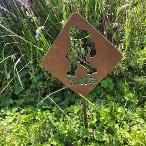 Big Foot Crossing Small Rustic garden stake Sasquatch custom rusty yard art Yeti art