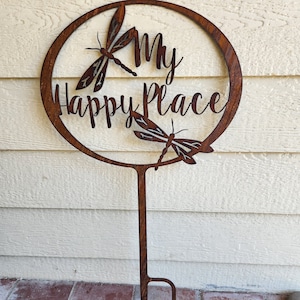 My Happy Place Dragonfly Oval Rustic garden stake Custom steel recycled metal Welcome sign