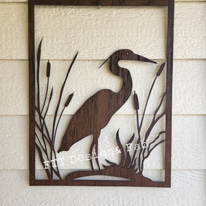 Heron and Cattails Rustic Decor Rectangular Custom 24&quot; Egret Coastal Art