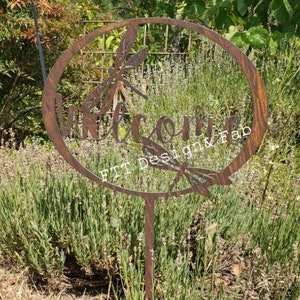 Welcome Dragonfly Rustic garden stake Custom steel recycled metal Welcome sign