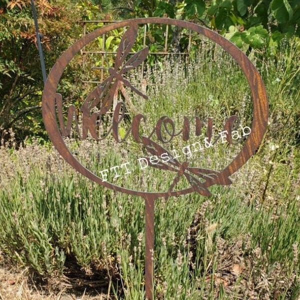 Welkom Dragonfly Rustieke tuinpaal Op maat gemaakt staal van gerecycleerd metaal Welkomstbord