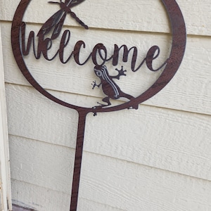Welcome Frog and Dragonfly Rustic garden stake Custom steel recycled metal Welcome sign