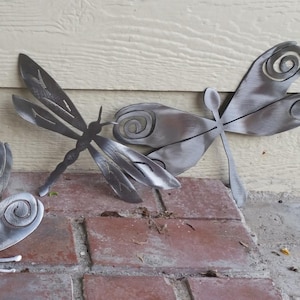 Silver Dragonfly custom Metal accents set of 3 recycled steel Unique Dragonflies  Dragonfly profile recycled metal