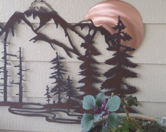 Copper sun Recycled Steel Rustic Mountain Sculpture custom metal art work