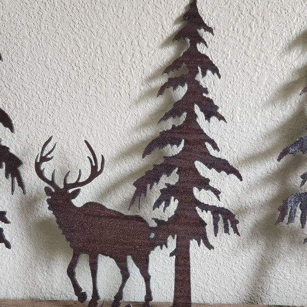 Elk tree metal art Bear Deer Doe Moose Yeti wall decor rustic pine trees custom steel decor