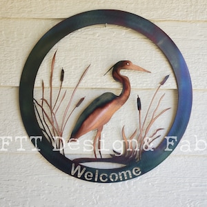 Heron Cattails Welcome Sign Custom Name Rustic Decor 18" Egret sign