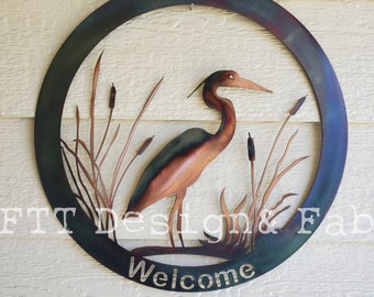 Cartello di benvenuto con nome personalizzato, motivo Heron Cattails, decorazione rustica, 24"