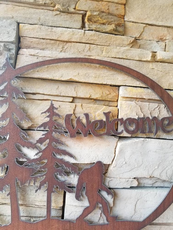Sasquatch Welcome Custom Metal Art Big Foot Recycled steel Wilderness Art custom metal Address sign Yeti