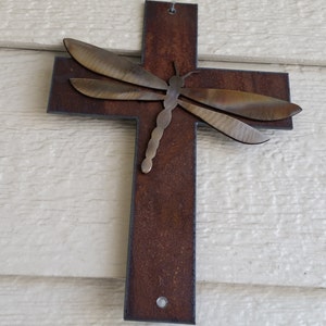 Rustic Metal Cross with Iridescent dragonfly Custom recycled steel Cross Wall Art