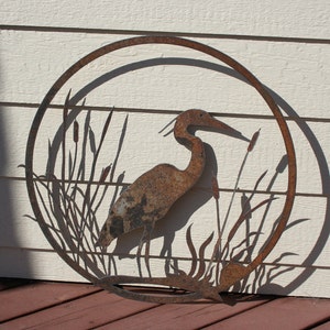 Heron and Cattails Rustic Decor 18" Egret  rusty art Metal home garden wall hanging