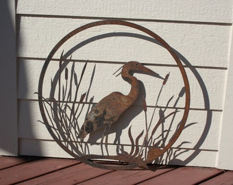 Heron and Cattails Rustic Decor 18" Egret  rusty art Metal home garden wall hanging