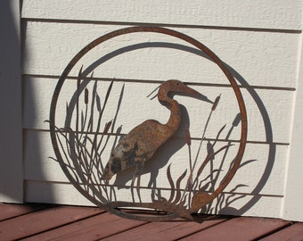 Heron and Cattails Rustic Decor 30" rusty heron steel egret art