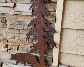 rustic bear Pine Tree steel art Cabin decor Woods metal art Custom Trees bears deer elk doe buck