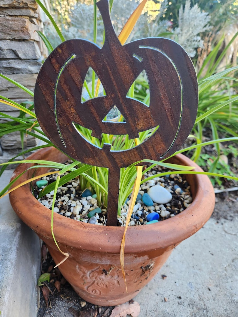 Funny Face Jack O Lantern Small Rustic Garden Stake Cross Eyed Pumpkin ...
