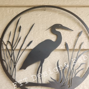 Heron and Cattails Rustic Decor 12&quot; Egret  rusty art Metal home garden wall hanging
