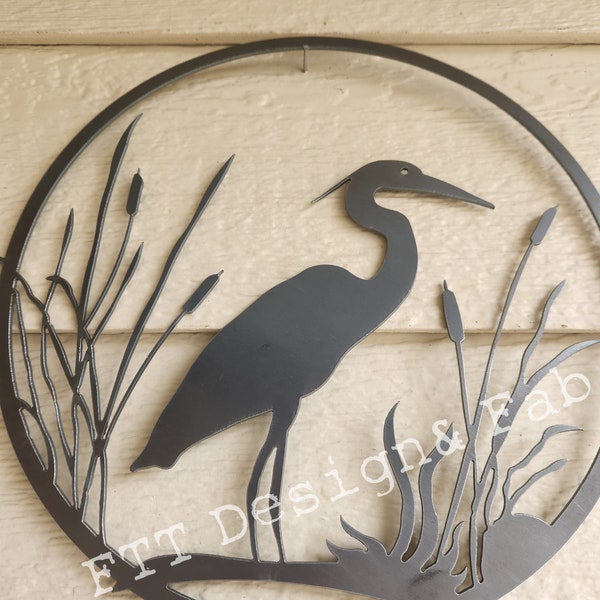 Heron and Cattails Rustic Decor 12" Egret  rusty art Metal home garden wall hanging