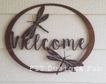 Welcome Dragonfly Rustic accent Custom  welcome heat colored steel recycled metal Welcome sign