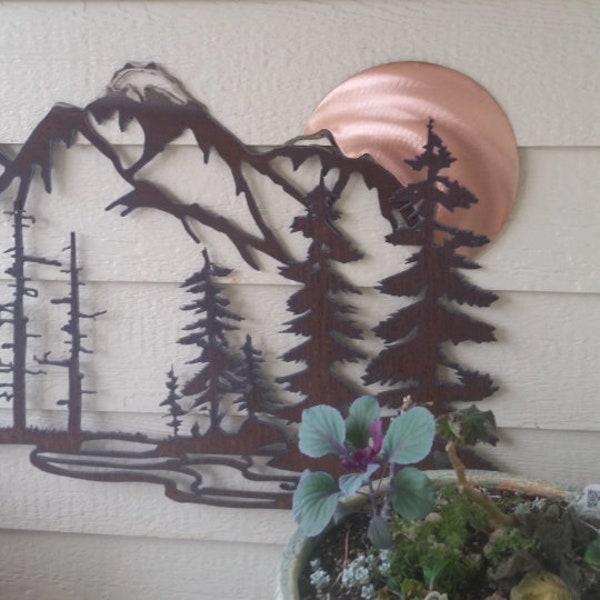 By the Light of the Copper  Moon Small Recycled Steel Rustic Mountain Sculpture Custom metal art