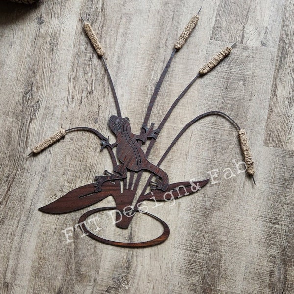 Frog and Cattails Rustic Metal Art recycled metal wall decor Steel Frog and Cattails decor