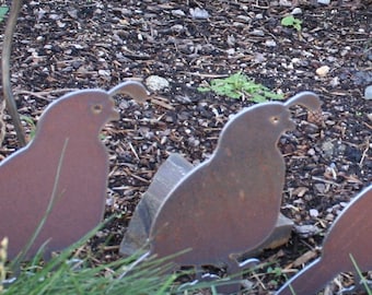 May include: Three rusty metal quail silhouettes are arranged in a row on a bed of brown mulch. The quail are facing the right side of the image.