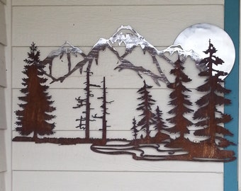 By the Light of the Silver Moon Recycled Steel Rustic Mountain Sculpture custom home decor