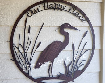 Our Happy Place Heron and Cattails Rustic Decor 18"