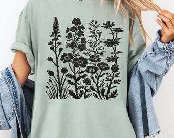 Comfort Colors® linosnede vintage shirt met wilde bloemen, retro bloemenshirt met blokprint, grafisch shirt wilde bloemen, cottagecore boho botanisch T-shirt