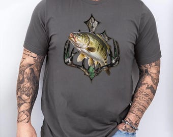 Camo Bass Fishing T-shirt of lange mouw, heren visserij-T-shirt, grappig visshirt, visserscadeaus aanwezig voor visser Vaderdagcadeau
