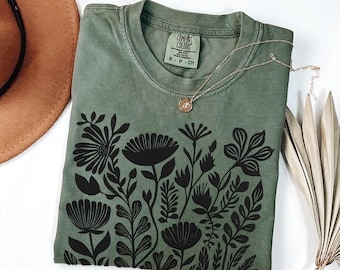 Comfort Colors® linosnede bloemen vintage T-shirt, shirt met retro bloemen blokprint, grafisch shirt wilde bloemen, geperste bloemen T-shirt zwarte kunst