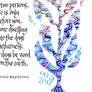 May include: Watercolor painting of a stylized tree with blue, purple, and brown patterns. The date "OCT. 28 2017" is written in blue. The word "AQUA" is also written in blue. The painting includes calligraphy.