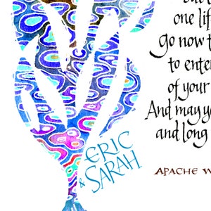 May include: A watercolor painting featuring a stylized tree in shades of blue, purple, and teal, with a white background. The text "ERIC & SARAH" is written in teal script. The painting also includes handwritten text in black.