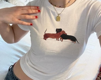 Vintage Hugging Dachshunds Baby Tee: Retro 90s Dog Lover Crop Top