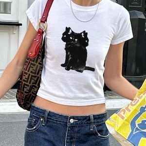 Three-Headed Cat Baby Tee, Y2K Crop Top for Women, Alt Girl Grunge Tee, Gothic Kawaii Delulu Shirt, Tumblr Vintage Aesthetic Kitty T-Shirt