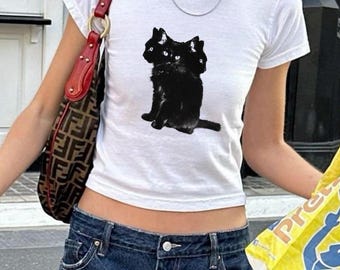 Three-Headed Cat Baby Tee: Y2K Alt Girl Grunge Crop Top