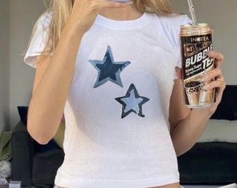 Y2K Star Patch Baby Tee, 90s Retro Graphic Crop Top