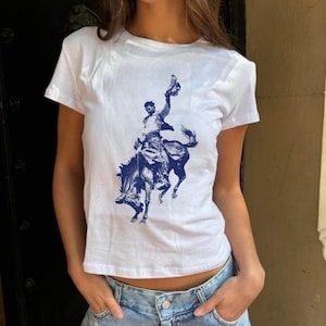 Vintage 90s Cowboy Baby Tee: Western Graphic Crop Top