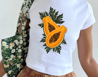 Baby-T-shirt Papaya Painted Fruit, Coquette Style, Vintage Graphic, Pinterest Esthetic, Top jaren 90, Y2K, retro graphic