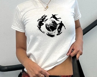 Skater Surfer Globe Graphic Baby Tee: Retro 90s Streetwear