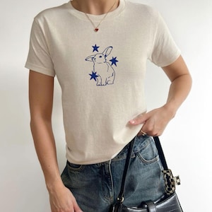 Starry Bunny Graphic Baby Tee Women, Y2K Celestial Crop Shirt, Soft Girl Coquette Indie Aesthetic Tiny Tee, Summer Trend