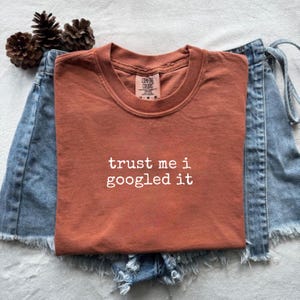 May include: A rust-coloured short-sleeve t-shirt with the white text "trust me i googled it" printed on the front. The shirt features a crew neckline and a Comfort Colors brand label inside the collar, displayed over a blue denim skirt.